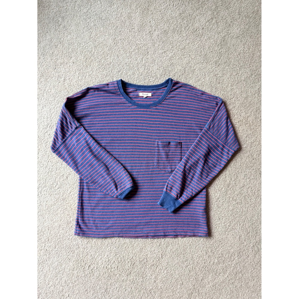 Madewell Womens Small Striped Long Sleeve Pocket Tee Blue Red Slouchy Knit Top